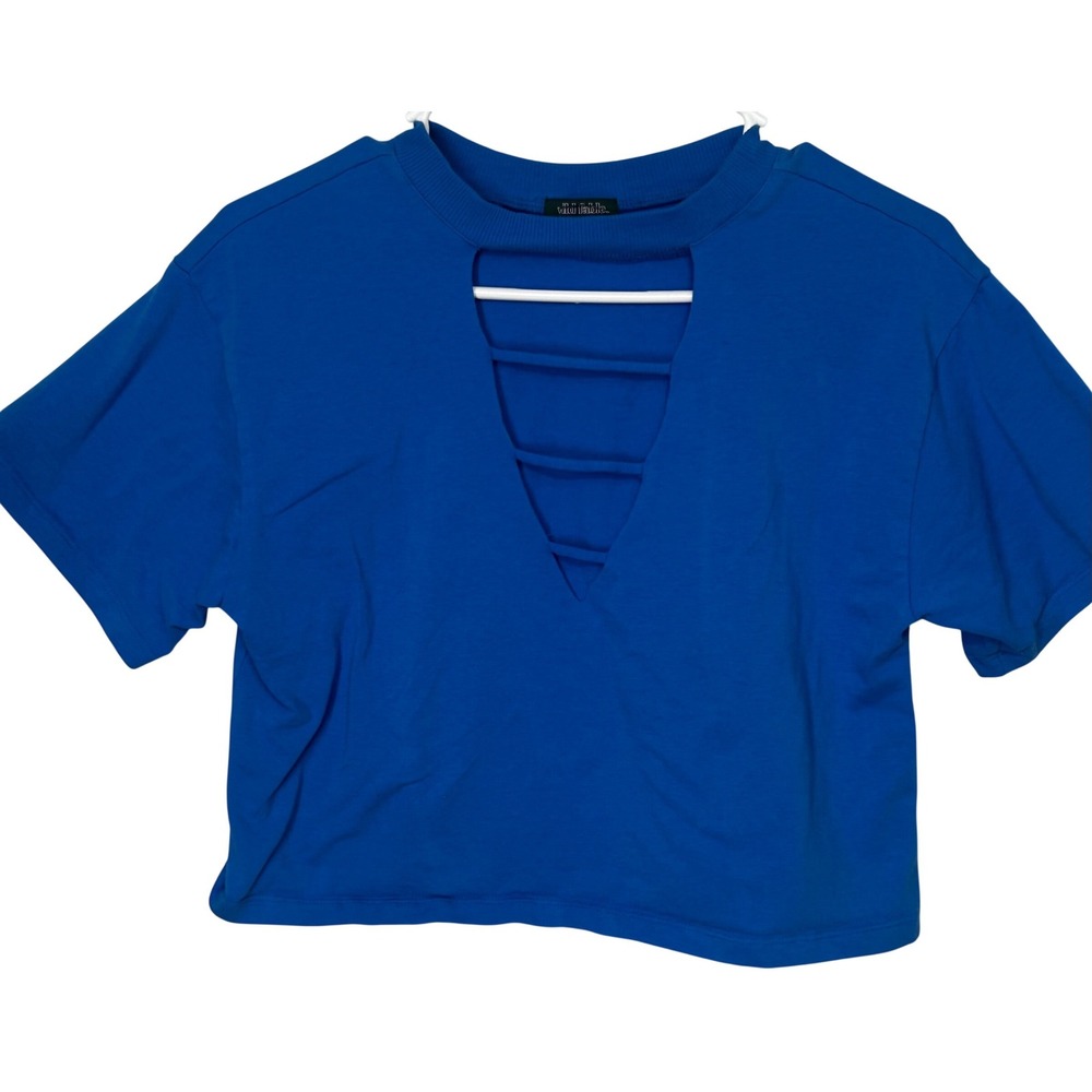 Wild Fable‎ Bright Blue Cropped Short-Sleeve Tee Shirt Strappy V-Neck Women's M